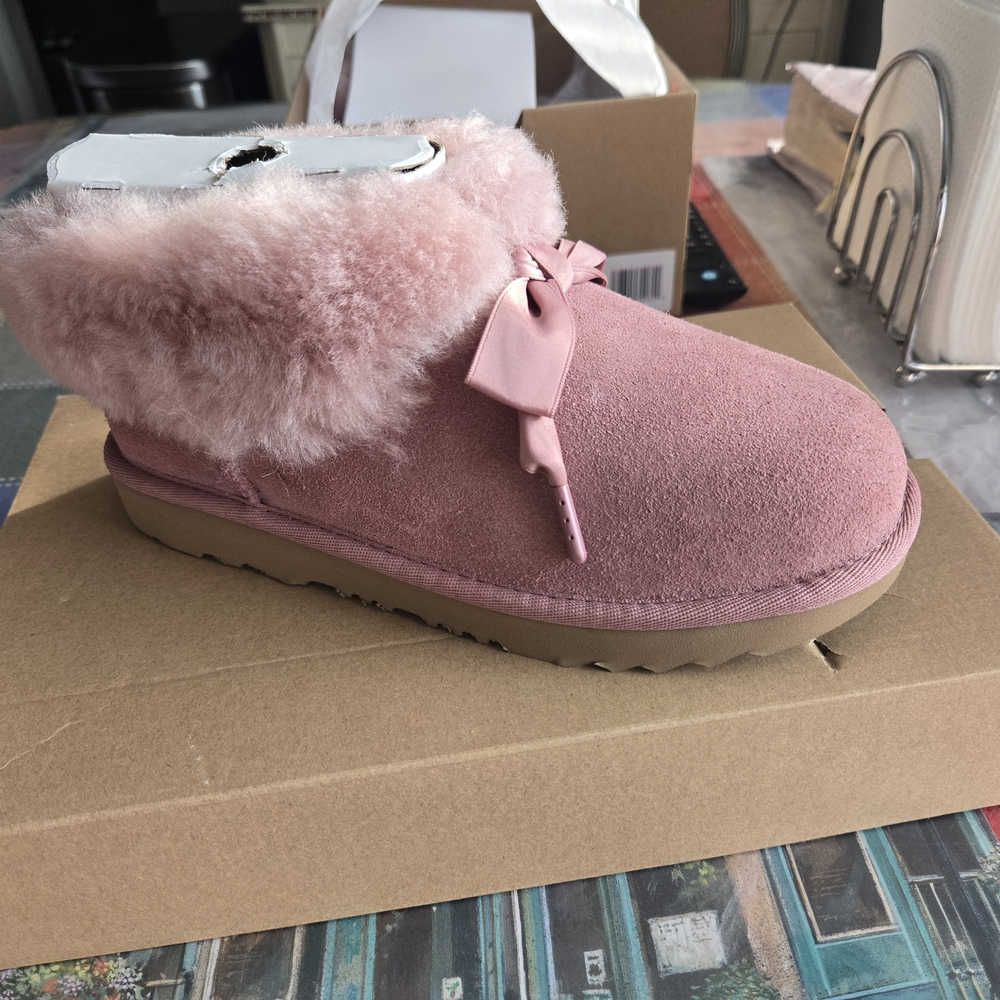 UGG Kids Rose Pink Faux Fur Cuff Bow Boots